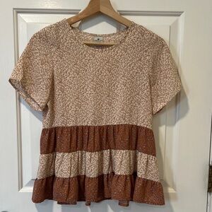 Paper Crane Floral Tiered Blouse in Cream and Brown Boho Baby Doll Cottagecore